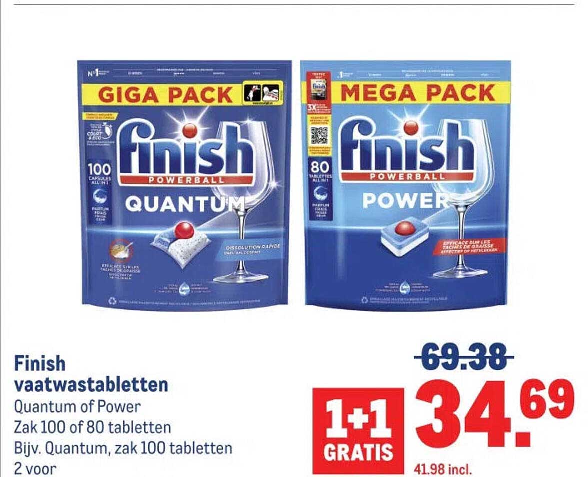 Finish vaatwastabletten Quantum of Power Zak 100 of 80 tabletten 1+1 gratis