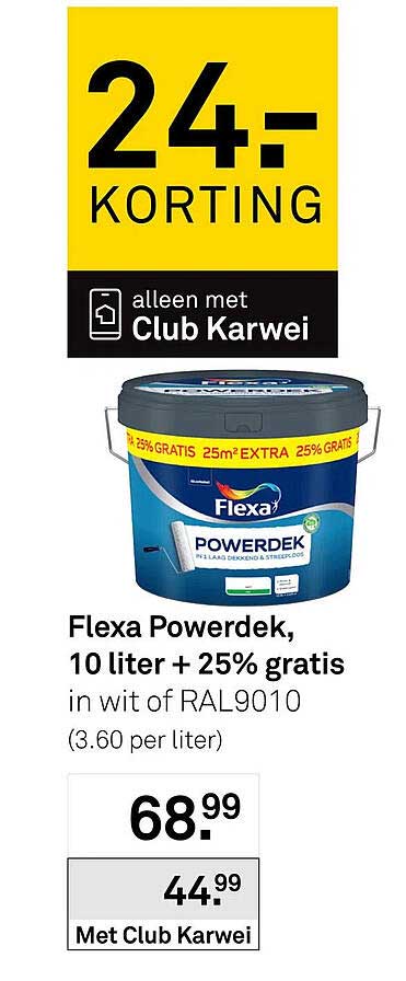 Flexa Powerdek, 10 liter + 25% gratis in wit of RAL9010