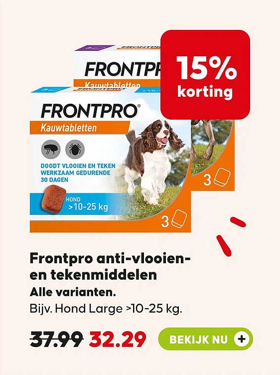 Frontpro anti-vlooien- en tekenmiddelen Alle varianten. Bijv. Hond Large >10-25 kg. 15% korting