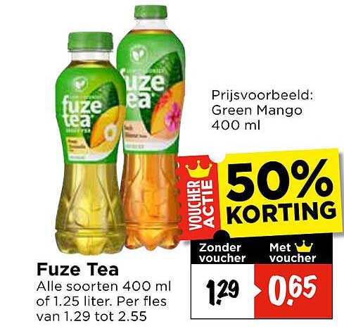 Fuze Tea Alle soorten 400 ml of 1.25 liter. Per fles van 1.29 tot 2.55 50% KORTING