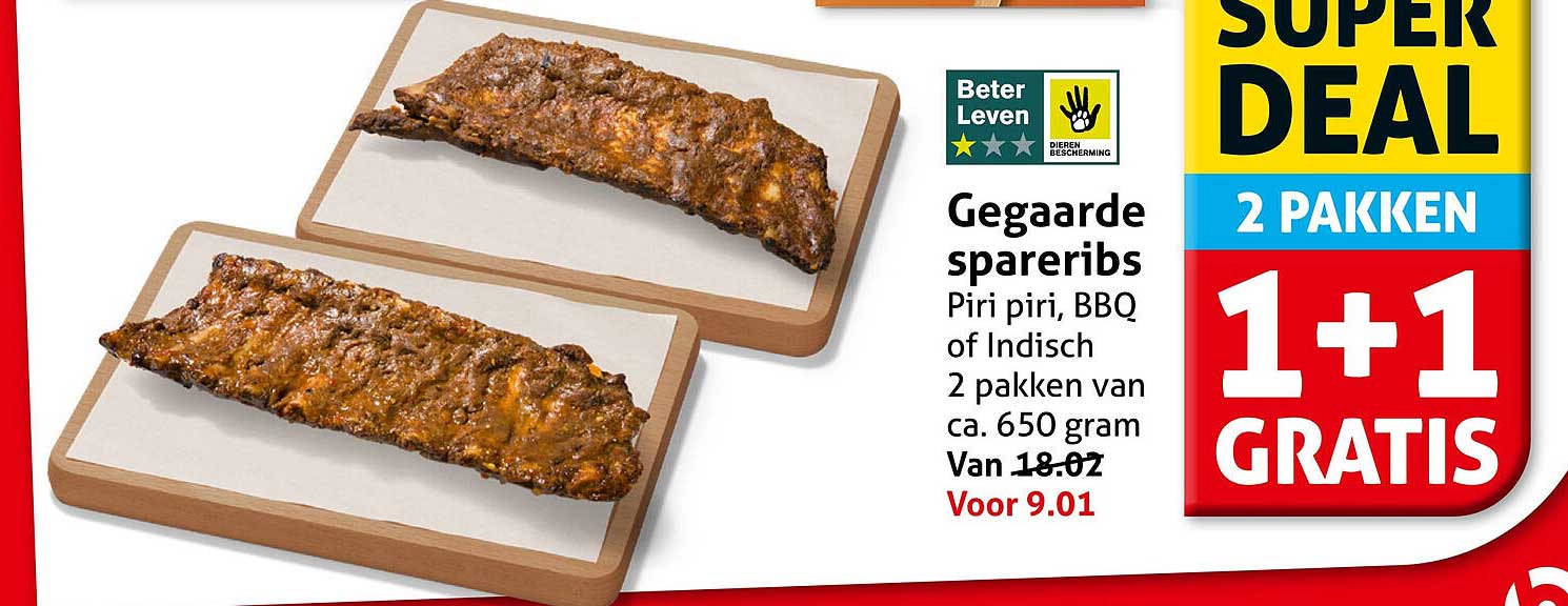 Gegaarde spareribs Piri piri, BBQ of Indisch 2 pakken van ca. 650 gram 1+1 gratis
