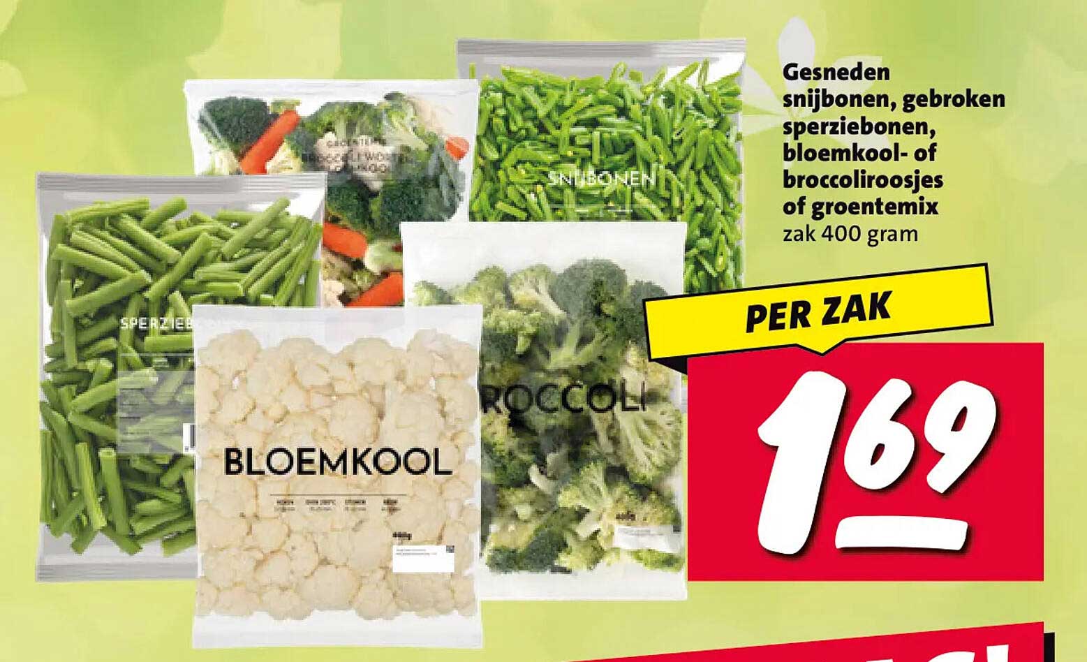 Gesneden snijbonen, gebroken sperziebonen, bloemkool- of broccoliroosjes of groentemix zak 400 gram PER ZAK