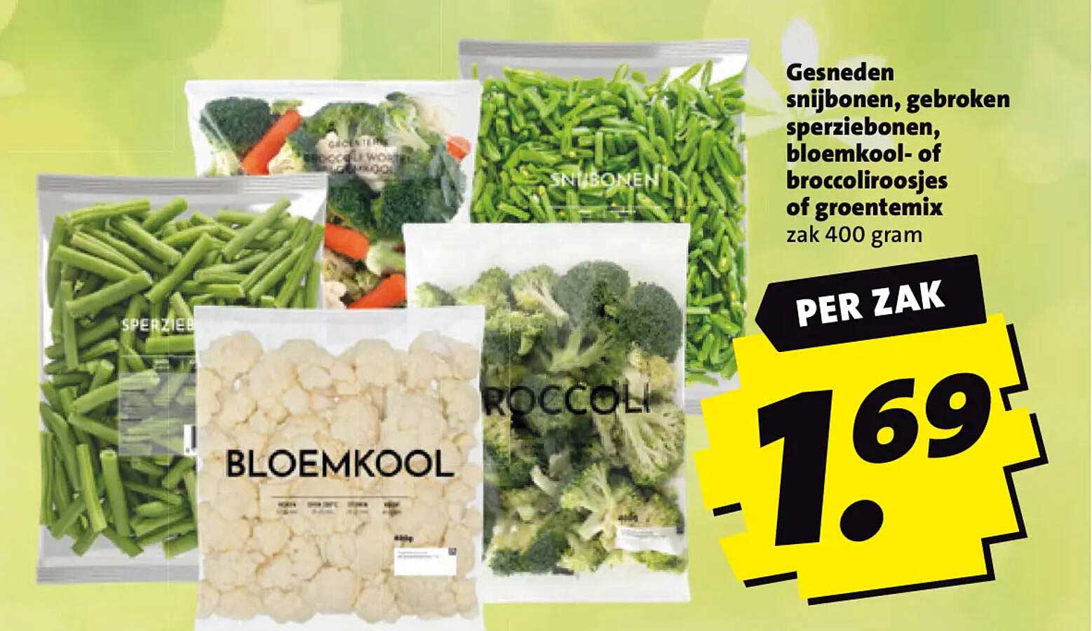 Gesneden snijbonen, gebroken sperziebonen, bloemkool- of broccoliroosjes of groentemix zak 400 gram