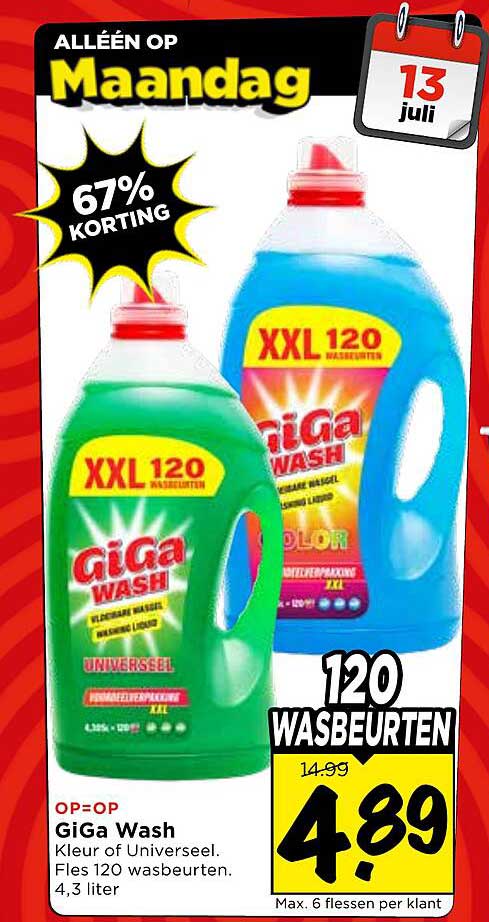 GiGa Wash Kleur of Universeel. Fles 120 wasbeurten. 4,3 liter