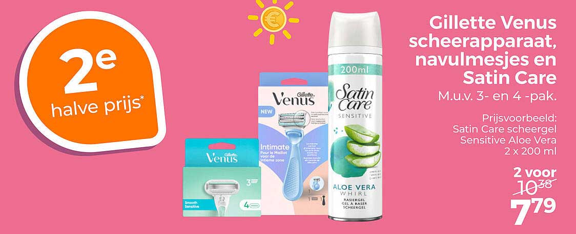 Gillette Venus scheerapparaat, navulmesjes en Satin Care 2e halve prijs