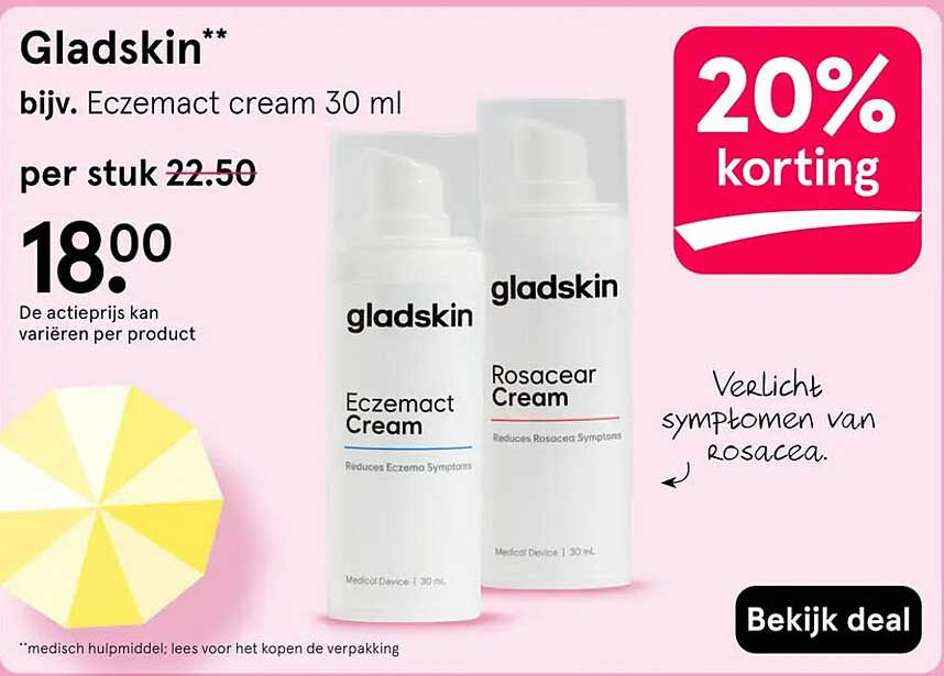 Gladskin** bijv. Eczemact cream 30 ml 20% korting