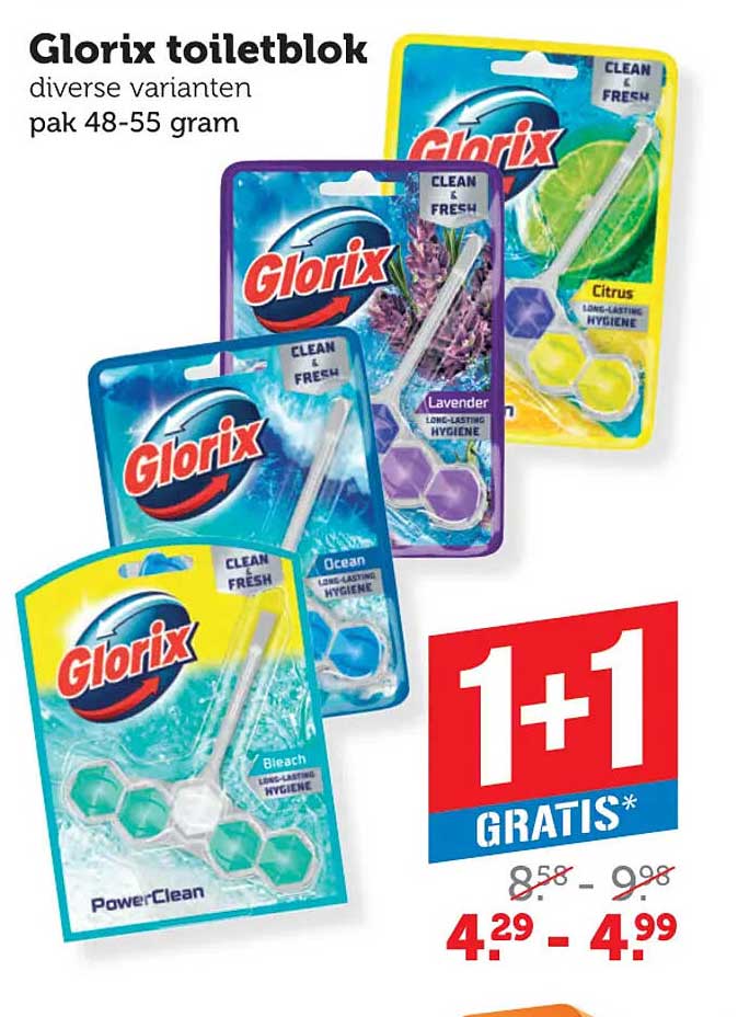 Glorix toiletblok diverse varianten pak 48-55 gram 1+1 gratis