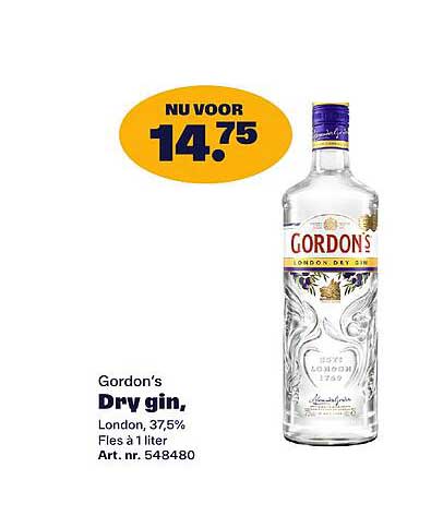 Gordon’s Dry gin, London, 37,5% Fles à 1 liter