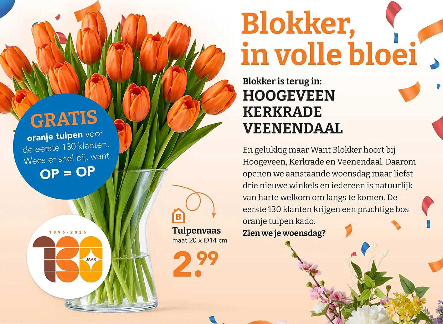 Gratis oranje tulpen voor de eerste 130 klanten. Wees er snel bij, want OP = OP