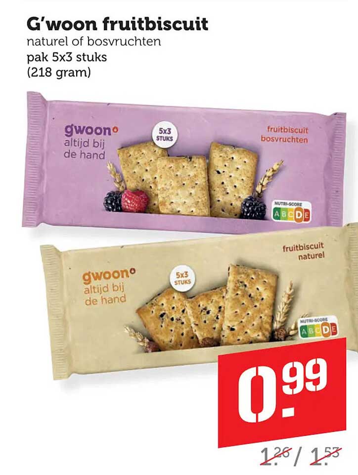 G'woon fruitbiscuit naturel of bosvruchten pak 5x3 stuks (218 gram)