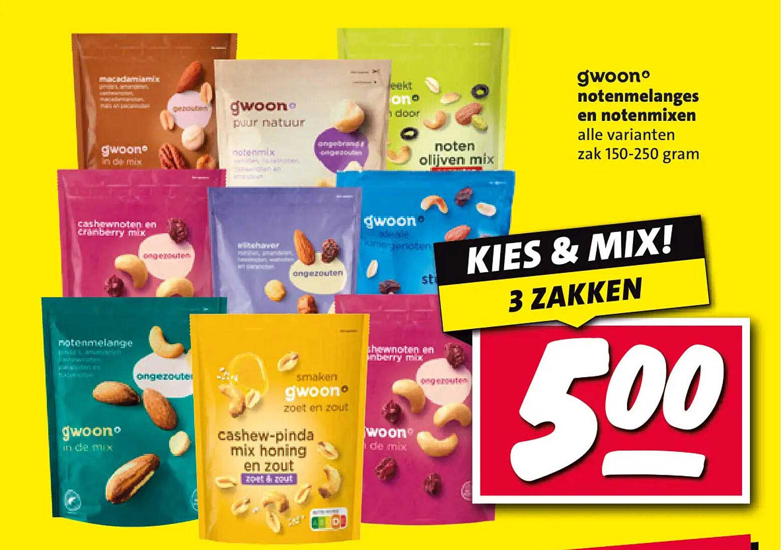 g'woon notenmengsels en notenmixen alle varianten zak 150-250 gram KIES & MIX! 3 ZAKKEN