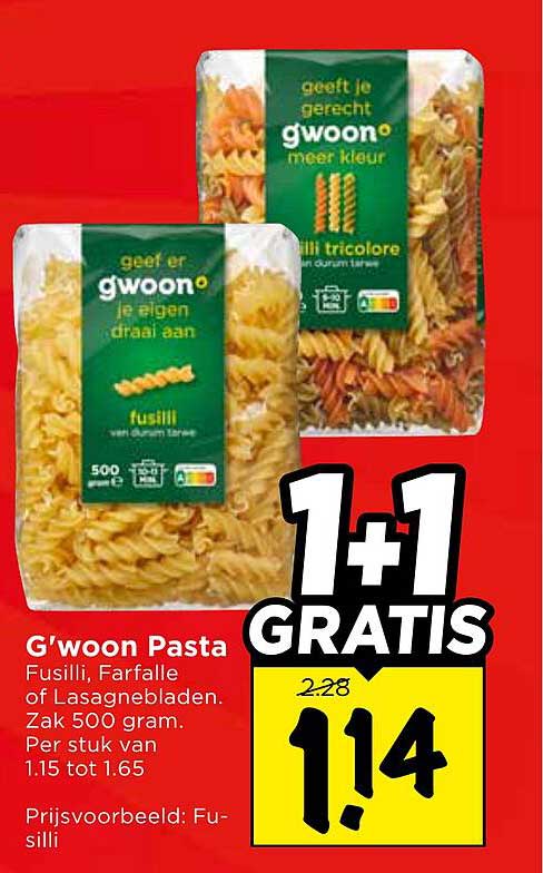 G'woon Pasta Fusilli, Farfalle of Lasagnebladen. Zak 500 gram. Per stuk van 1.15 tot 1.65 1+1 GRATIS