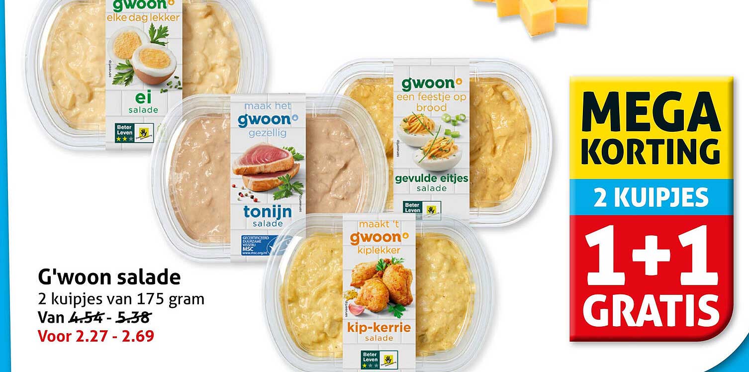 G'woon salade 2 kuipjes van 175 gram 1+1 gratis