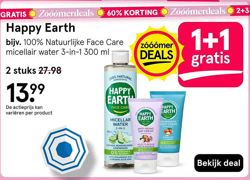 Happy Earth bijv. 100% Natuurlijke Face Care micellair water 3-in-1 300 ml 1+1 gratis