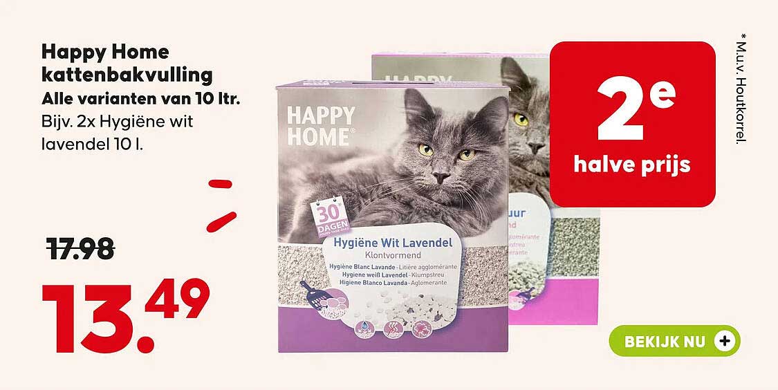 Happy Home kattenbakvulling Alle varianten van 10 ltr. Bijv. 2x Hygiëne wit lavendel 10 l. 2e halve prijs