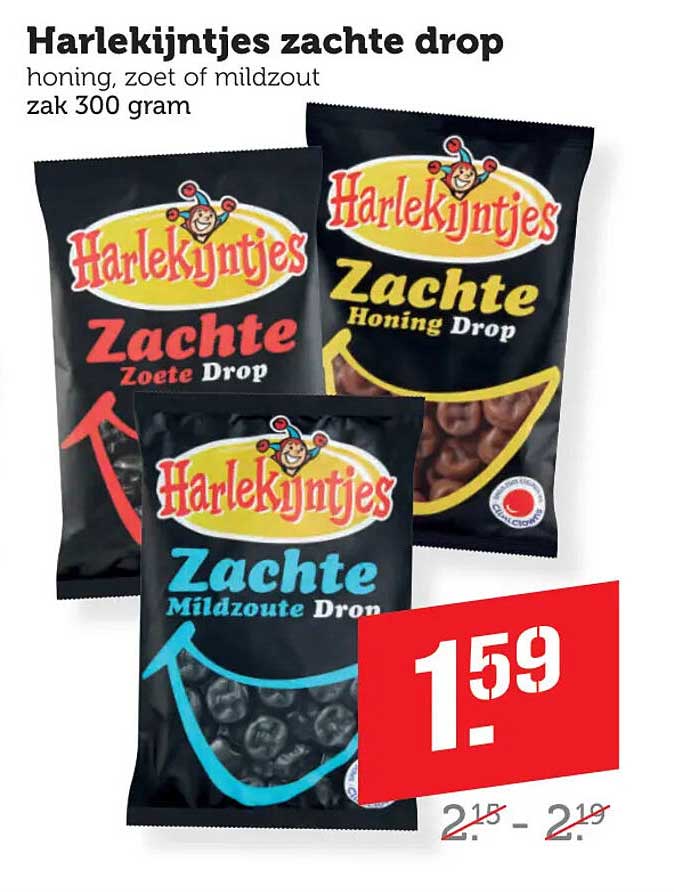 Harlekijntjes zachte drop honing, zoet of mildzout zak 300 gram