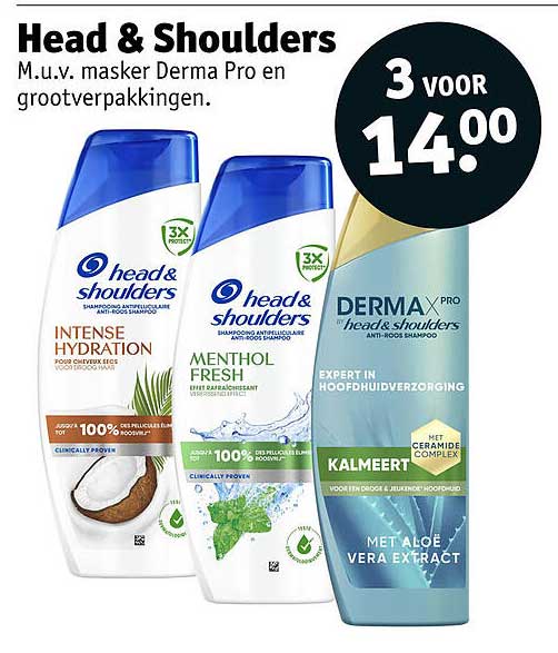 Head & Shoulders M.u.v. masker Derma Pro en grootverpakkingen. 3 voor 14.00