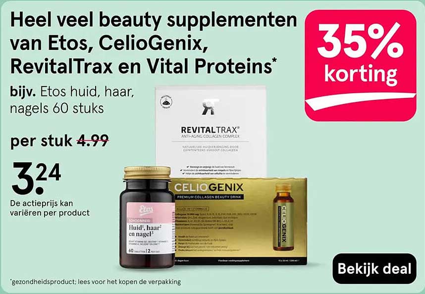 Heel veel beauty supplementen van Etos, CelioGenix, RevitalTrax en Vital Proteins* 35% korting