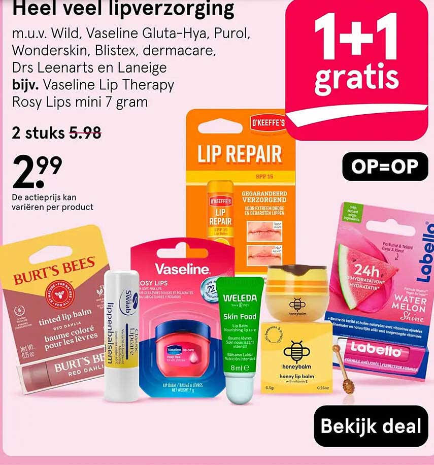 Heel veel lipverzorging 1+1 gratis