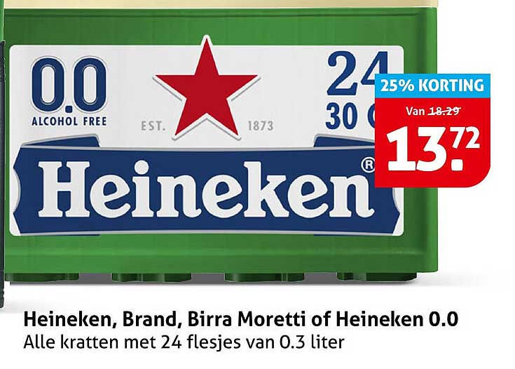 Heineken, Brand, Birra Moretti of Heineken 0.0 Alle kratten met 24 flesjes van 0.3 liter
