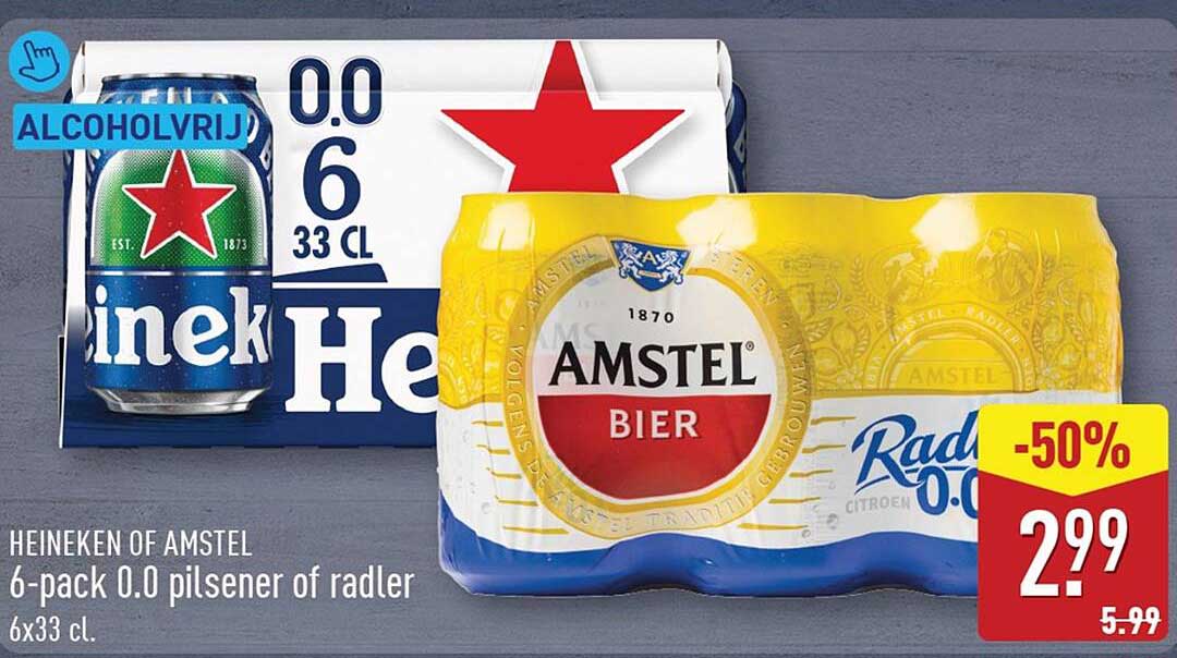 HEINEKEN OF AMSTEL 6-pack 0.0 pilsener of radler 6x33 cl. -50%