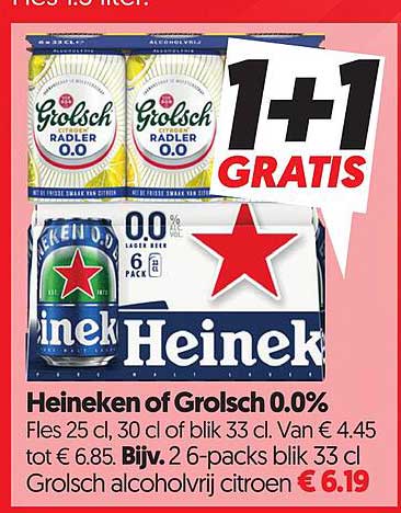 Heineken of Grolsch 0.0% 1+1 GRATIS