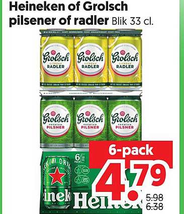 Heineken of Grolsch pilsener of radler Blik 33 cl. 6-pack