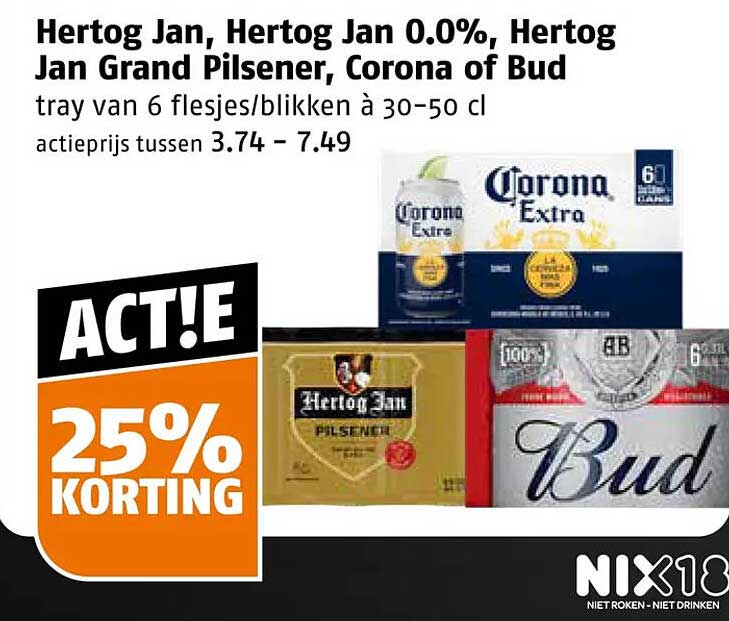 Hertog Jan, Hertog Jan 0.0%, Hertog Jan Grand Pilsener, Corona of Bud tray van 6 flesjes/blikken à 30–50 cl 25% KORTING