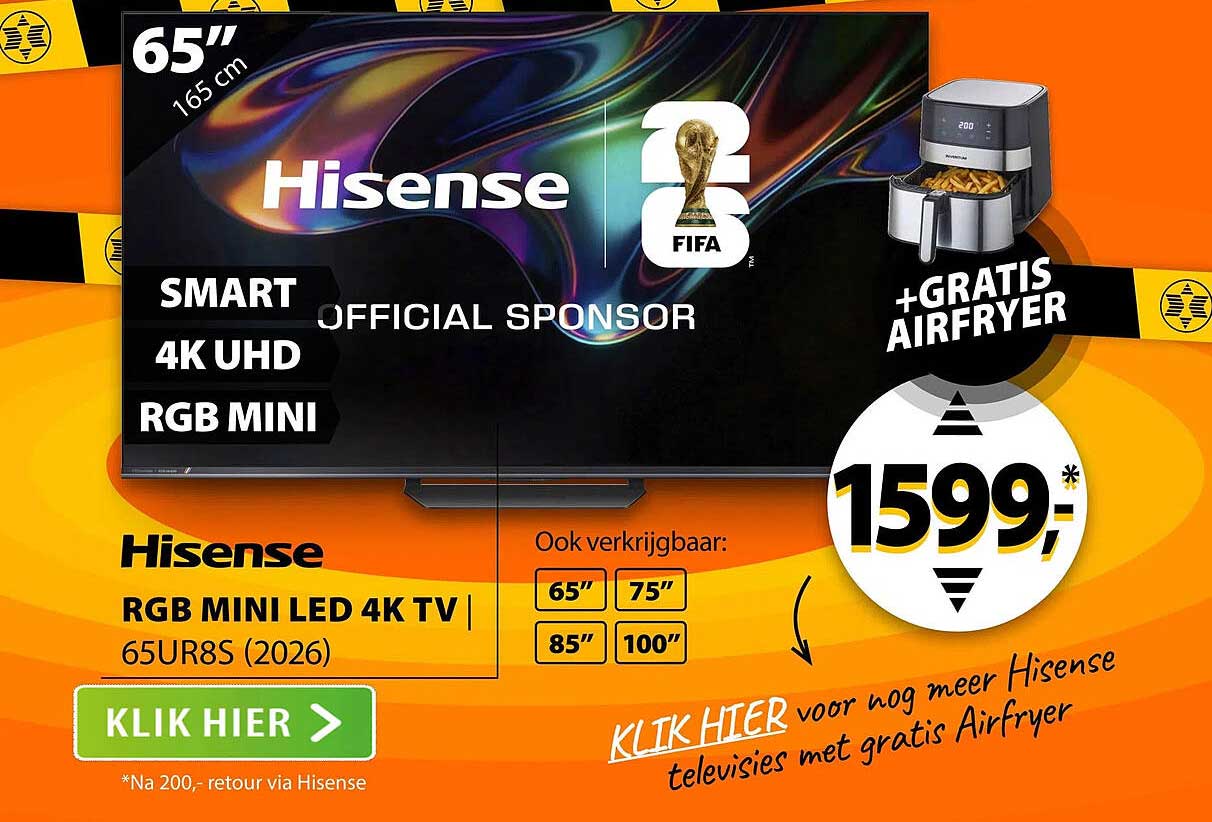 Hisense RGB MINI LED 4K TV 65UR85 (2026) +GRATIS AIRFRYER
