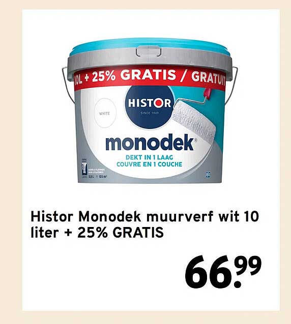Histor Monodek muurverf wit 10 liter + 25% GRATIS