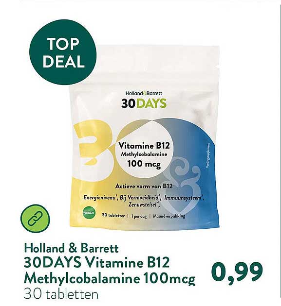 Holland & Barrett 30DAYS Vitamine B12 Methylcobalamine 100mcg 30 tabletten