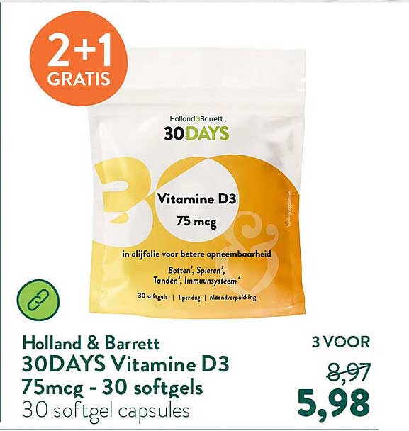 Holland & Barrett 30DAYS Vitamine D3 75mcg - 30 softgels 2+1 GRATIS