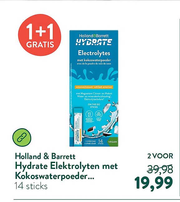 Holland & Barrett Hydrate Elektrolyten met Kokoswaterpoeder... 1+1 gratis