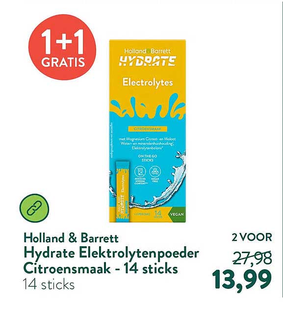 Holland & Barrett Hydrate Elektrolytenpoeder Citroensmaak - 14 sticks 1+1 gratis