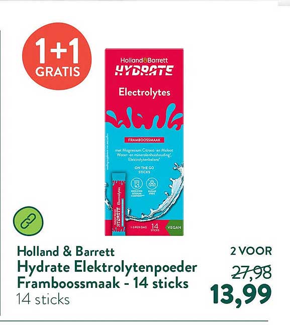 Holland & Barrett Hydrate Elektrolytenpoeder Framboossmaak - 14 sticks 1+1 GRATIS