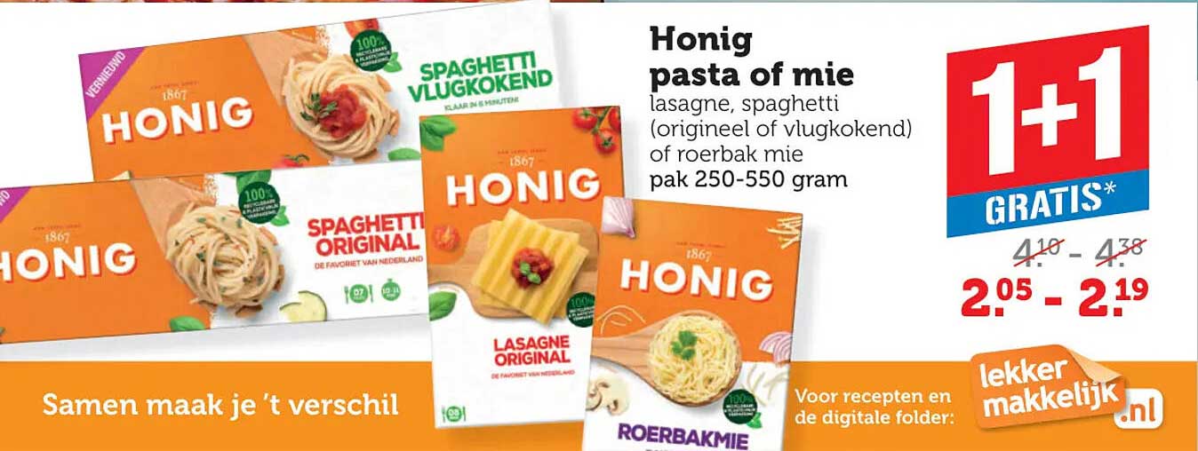 Honig pasta of mie 1+1 gratis