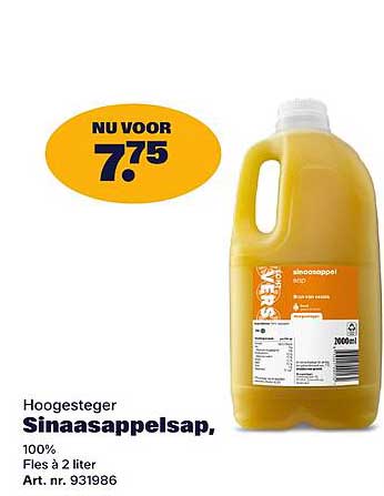 Hoogesteger Sinaasappelsap, 100% Fles à 2 liter