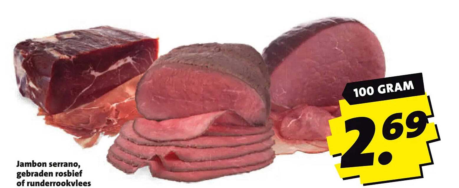 Jambon serrano, gebraden rosbief of runderrookvlees