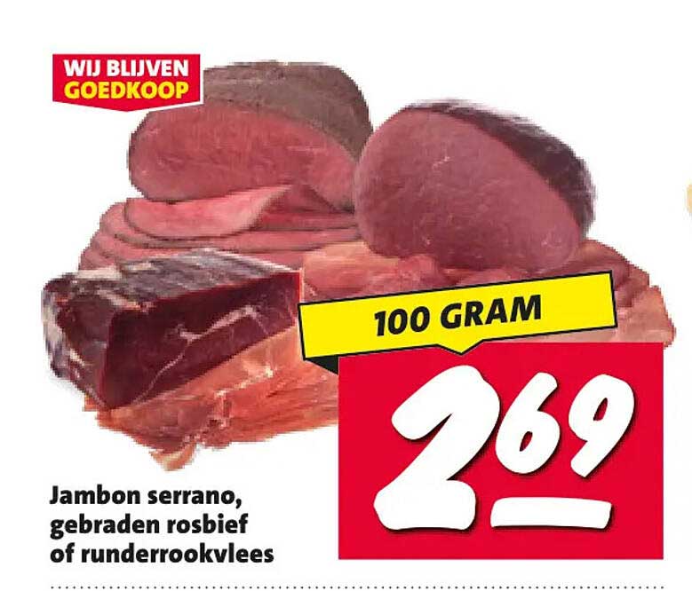 Jambon serrano, gebraden rosbief of runderrookvlees