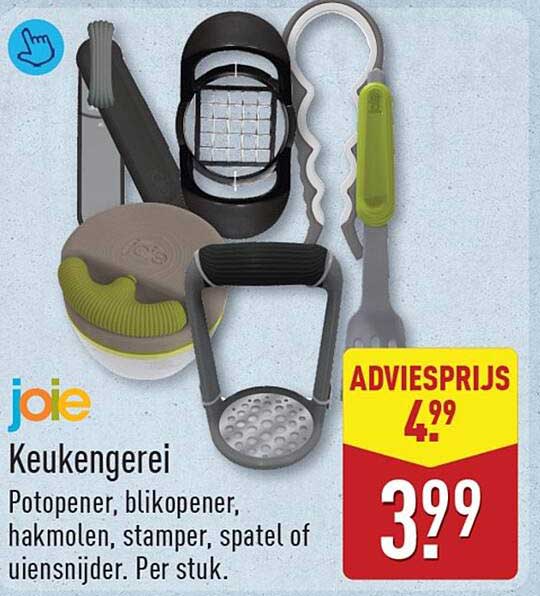 joie Keukengerei Potopener, blikopener, hakmolen, stamper, spatel of uiensnijder. Per stuk.