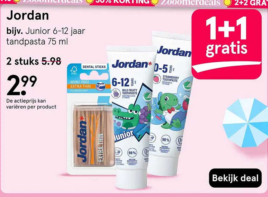 Jordan bijv. Junior 6-12 jaar tandpasta 75 ml 1+1 gratis