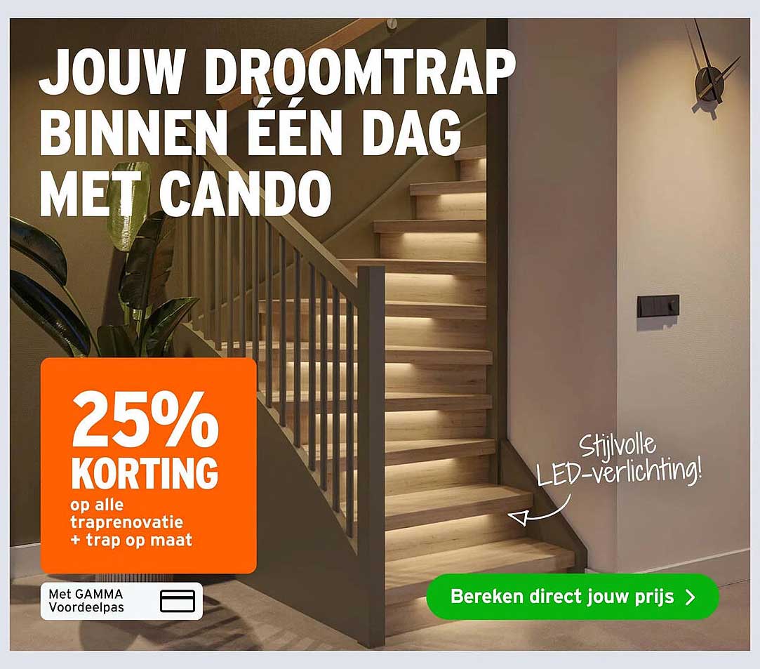 Jouw droomtrap binnen één dag met CANDO 25% korting op alle traprenovatie + trap op maat