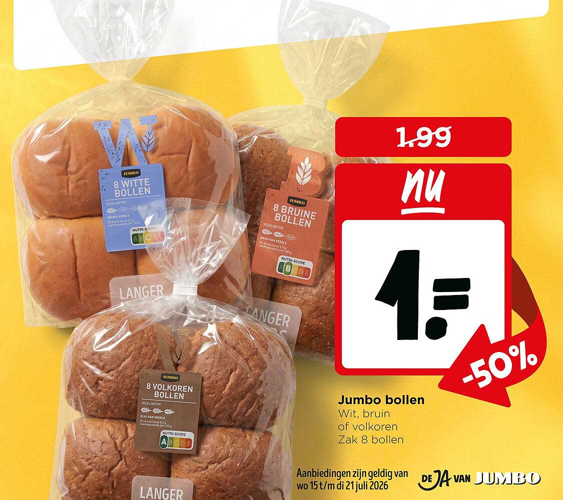 Jumbo bollen Wit, bruin of volkoren Zak 8 bollen -50%