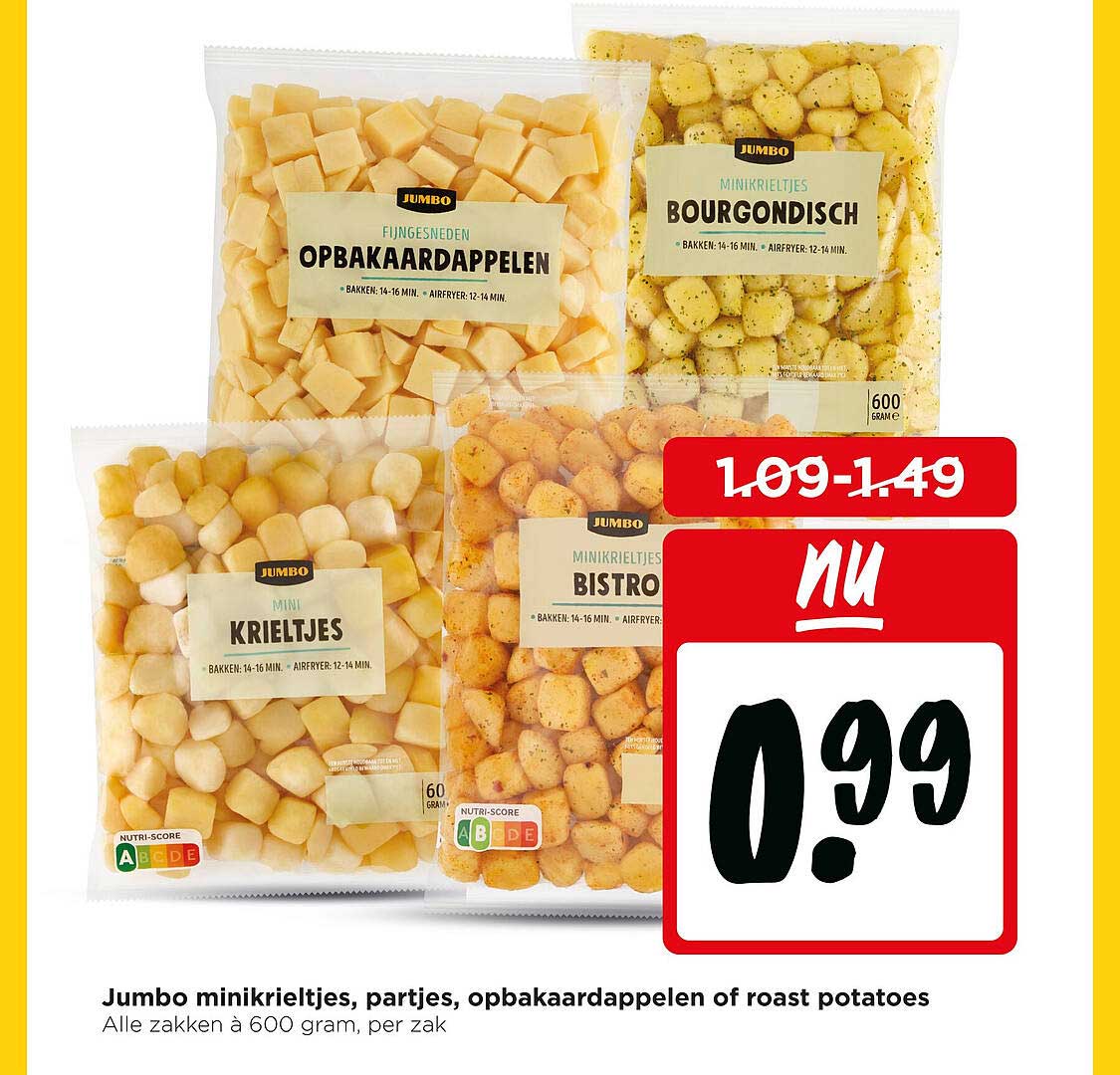Jumbo minikrieltjes, partjes, opbaakaardappelen of roast potatoes