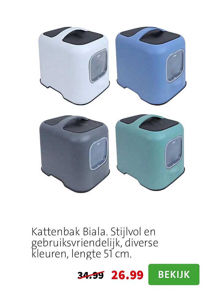 Kattenbak Biala. Stijlvol en gebruiksvriendelijk, diverse kleuren, lengte 51 cm.