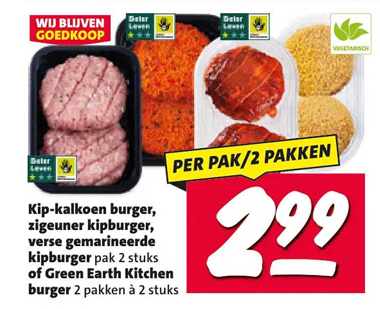 Kip-kalkoen burger, zigeuner kipburger, verse gemarineerde kipburger pak 2 stuks of Green Earth Kitchen burger 2 pakken à 2 stuks PER PAK/2 PAKKEN
