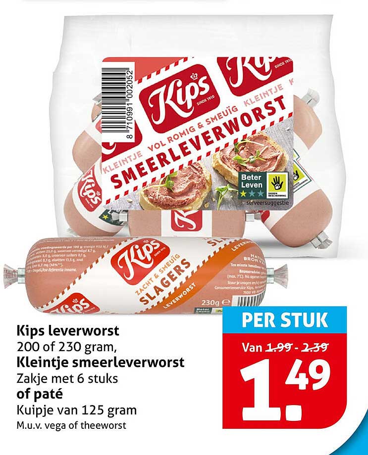 Kips leverworst 200 of 230 gram, Kleintje smeerleverworst zakje met 6 stuks of paté kuipje van 125 gram M.u.v. vega of theeworst
