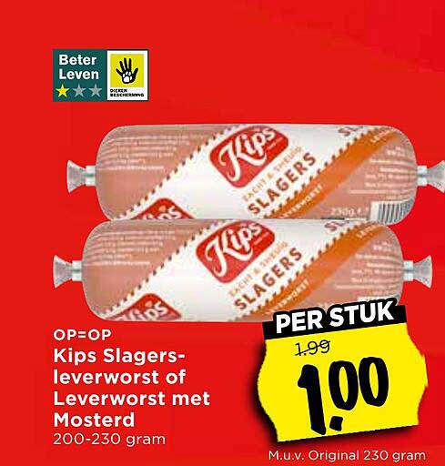 Kips Slagersleverworst of Leverworst met Mosterd 200-230 gram PER STUK
