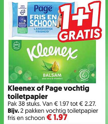 Kleenex of Page vochtig toiletpapier 1+1 gratis