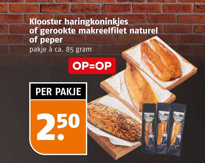 Klooster haringkoninkjes of gerookte makreelfilet naturel of peper pakje à ca. 85 gram OP=OP